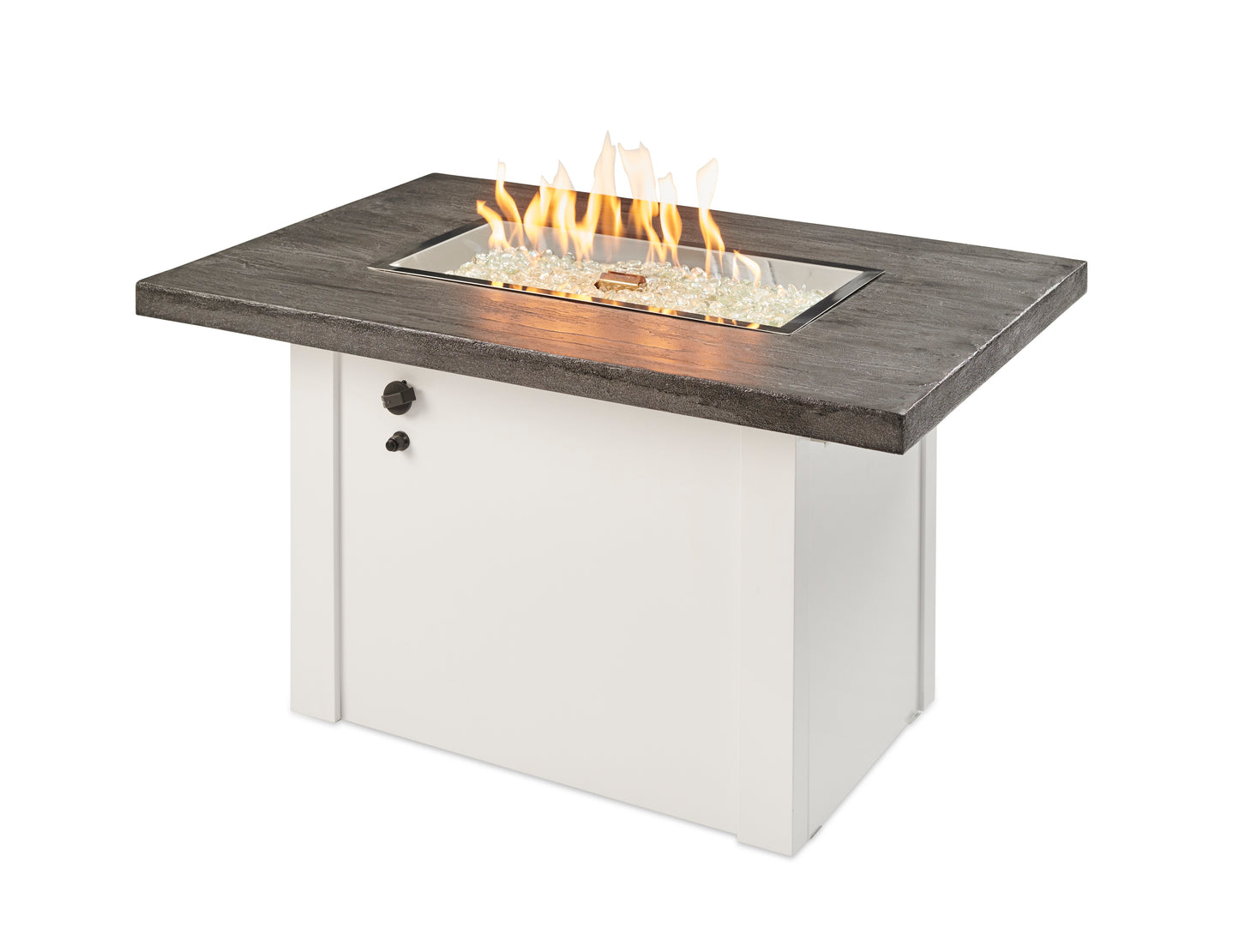 The Outdoor GreatRoom Company Havenwood 44-Inch Rectangular Propane Gas Fire Pit Table with Stone Grey Everblend Top and 24-Inch Crystal Fire Burner - White - HVGW-1224-K