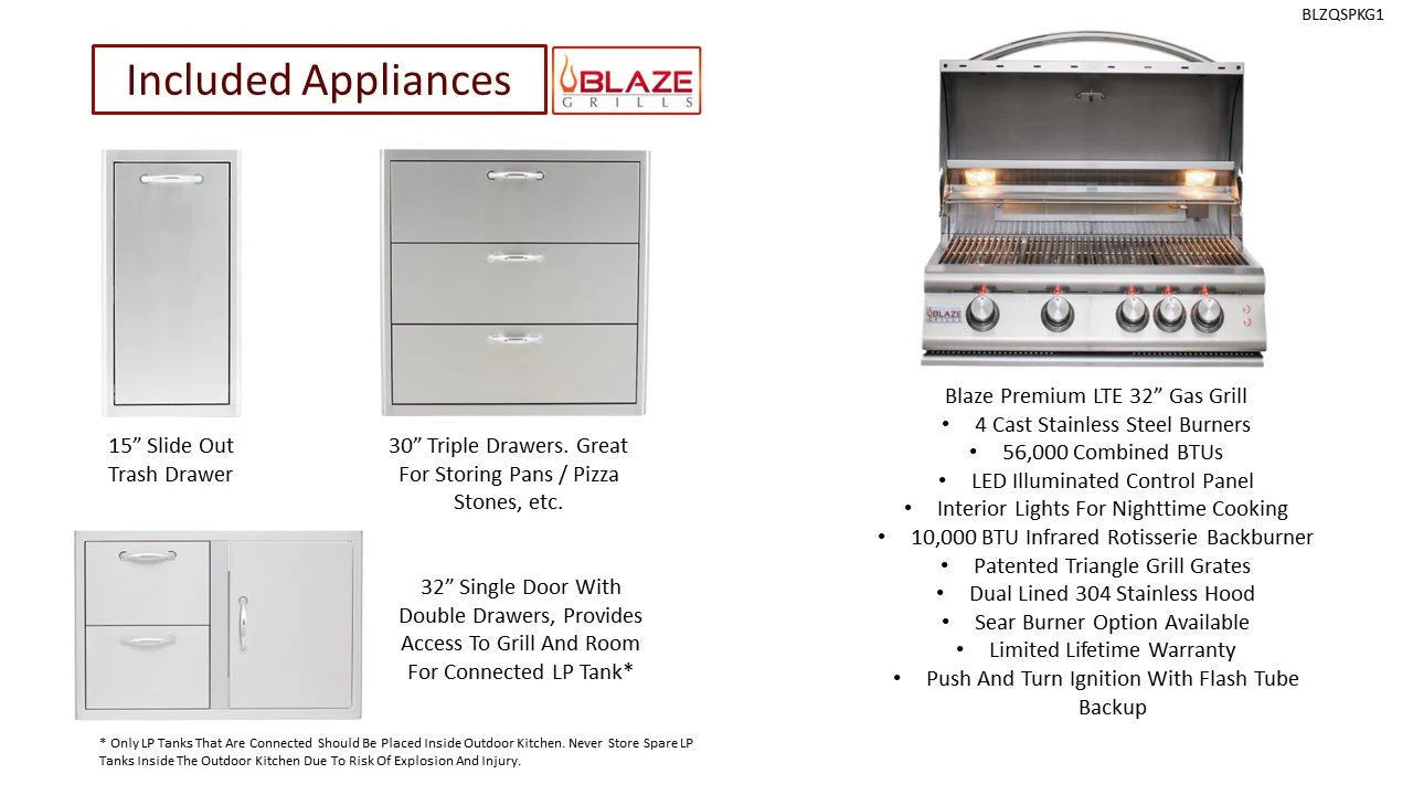 Blaze Luxury Living 8' Galley Bar Island w/ Granite Overhang AD32, DRW3 BLZ-LL8-GALLEY